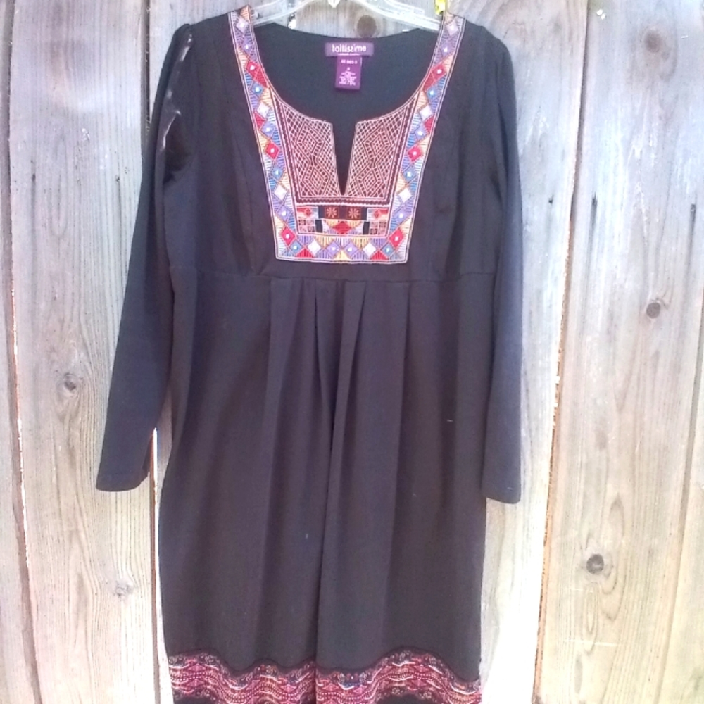 TAILLISSIME TUNIC DRESS WOMEN SZ M BLACK EMBROIDERED OVERSIZED PULLOVER BOHO